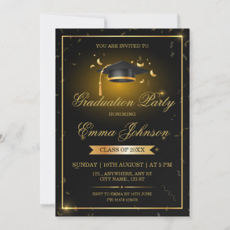 Cartão de Festa de Formatura com Confetes Preto e