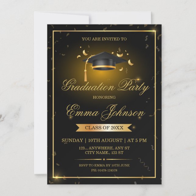 Cartão de Festa de Formatura com Confetes Preto e  (Frente)