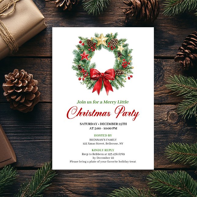 Cartão de festa de Natal com coroa de Natal em aqu (Watercolor Christmas Wreath Holiday Party Card)