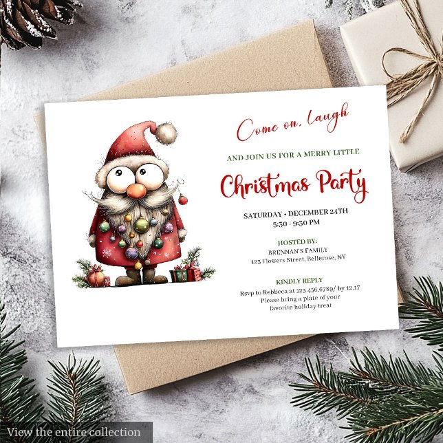 Cartão de festa de Natal moderno e alegre com Papa (Cheerful Quirky Santa Modern Christmas Party Invite)