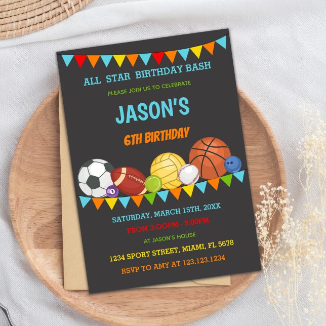 Cartão de Festa para Jogo Todas as Estrelas para C (Colors Flags Sports Birthday Invitations)