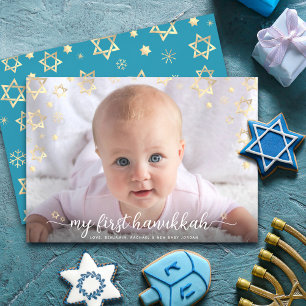 Cartão De Festividades 1º Bebê de Hanukkah Script Estrela de Davi Dourada