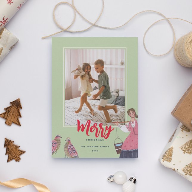 Cartão De Festividades 12 dias de fotos verdes de Natal (Cute Twelve Days of Christmas Green Photo Greeting Card.)