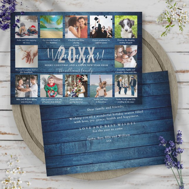 Cartão De Festividades 12 Fotografias Collage Capturam Que Madeira Azul É (12 Photo Collage Captions What A Year Blue Wood Holiday Card)