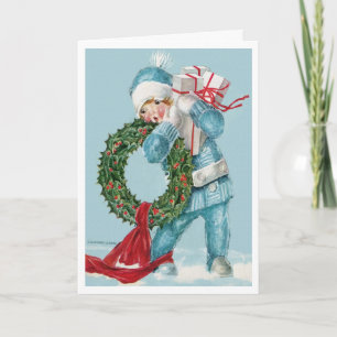 CARTÃO DE FESTIVIDADES 1913!! "MENINO AZUL" NATAL NEVE A CRESCER