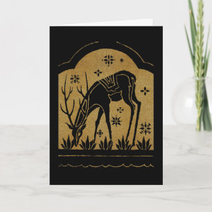 Cartão De Festividades 1920's Gold Deer Grazing Deco Xmas Card