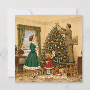Cartão De Festividades 1950 Família Decorando a Árvore de Natal Feliz Nat