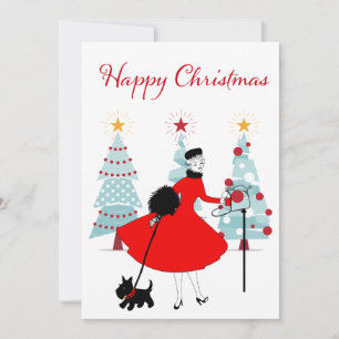 Cartão De Festividades 1950 Natal Vintage Senhora com Scottish Terrior