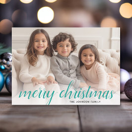 Cartão De Festividades 1 Foto: Feliz Natal Script Teal Damask