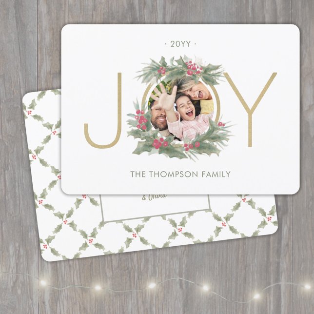 Cartão De Festividades 1 Foto Moderna JOY Vintage Watercolor Holly Wreath (Criador carregado)