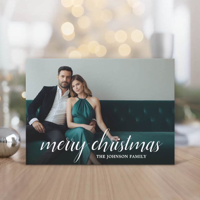 Cartão De Festividades 1 Foto Script Natal Feliz Xadrez  (Modern, minimal Holiday Greeting Card)