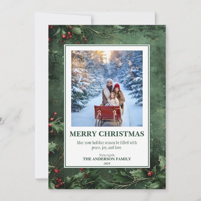 Cartão De Festividades 1 Photo Holly e Berry Flat Christmas Card (Frente)