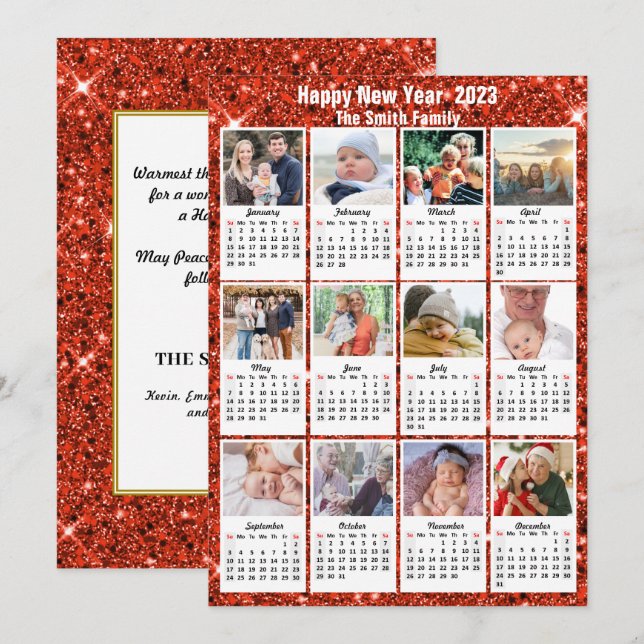 Cartão De Festividades 2023 Calendar Modern Family 12 Photo Red Glitter (Frente/Verso)