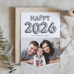 Cartão De Festividades 2025 Silver Foil Mylar Balões Foto Ano Novo