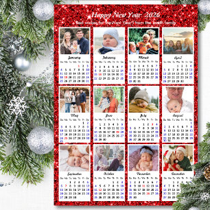 Cartão De Festividades 2026 Calendar Festivo Vermelho 12 Colagem Fotográf