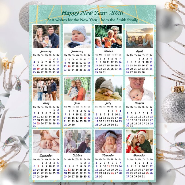 Cartão De Festividades 2026 Calendar Mint Green Glitter Family 12 Foto (Criador carregado)