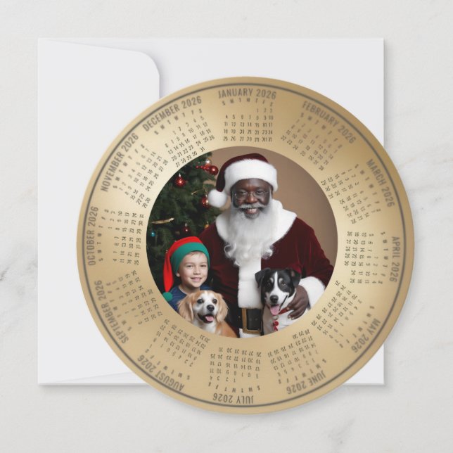 Cartão De Festividades 2026 Calendar Santa with Boy and Dogs Holiday Card (Frente)