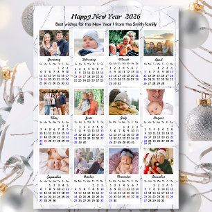 Cartão De Festividades 2026 Calendário Moderno Prata 12 Colagem de Fotos