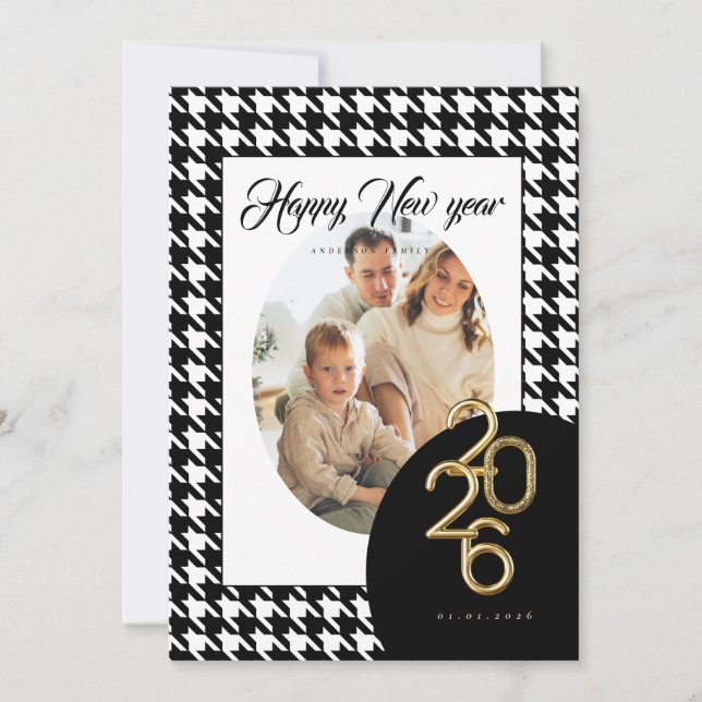 Cartão De Festividades 2026 Feliz Ano Novo Clássico Houndstooth Uma Foto (Frente)