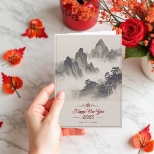 Cartão De Festividades 2026 Feliz Ano Novo Tinta Chinesa Montanha