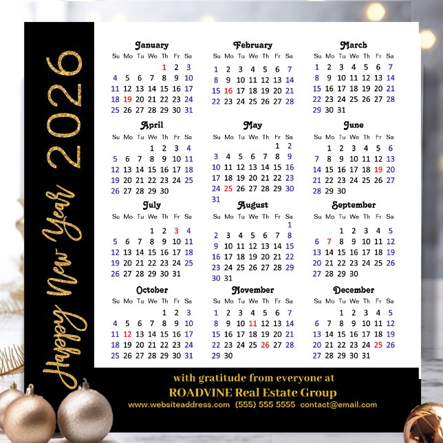 Cartão De Festividades 2026 Glitter Dourado do Calendário Preto Moderno (Criador carregado)