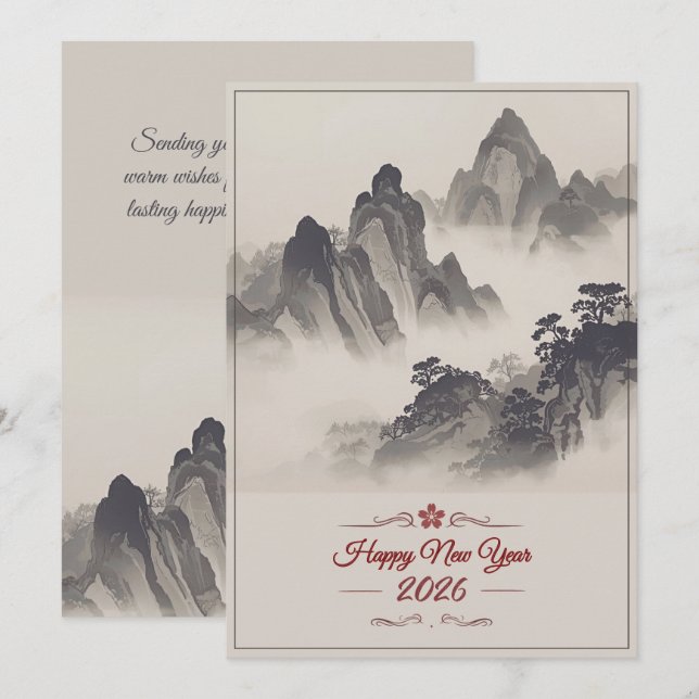 Cartão De Festividades 2026 Happy New Year Chinese Ink Mountain (Frente/Verso)