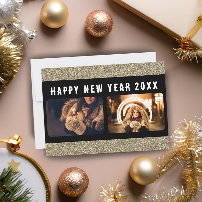 Cartão De Festividades 2 Colagem de Fotos Dourado Brilhante Feliz Ano Nov (Criador carregado)
