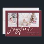 Cartão De Festividades 2 Foto 2025 Calendário Feliz Natal Burgundy<br><div class="desc">Escritório da Família Modern 2 Fotos Script 2025 Calendário Feliz Burgundy Natal. Disponível digitalmente e impresso. Basta substituir as duas fotos de exemplo por suas próprias e personalizar com seus nomes. Joyful está em um script de jogo de na moda, em branco, que pode ser alterado para outra cor, se...</div>