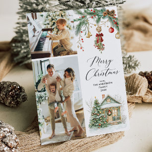 Cartão De Festividades 2 Foto Feliz Natal Folhagem Verde de inverno