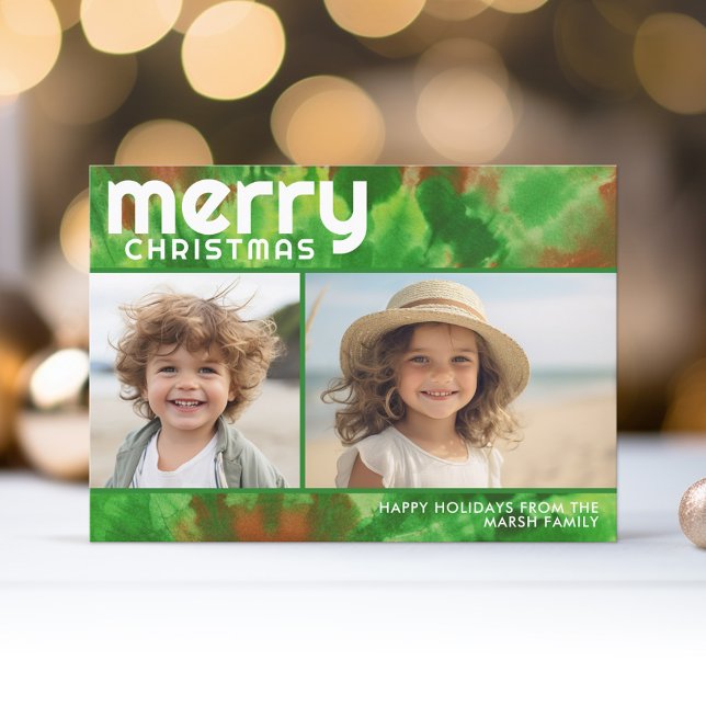 Cartão De Festividades 2 Foto - Feliz Natal - Vermelho Vermelho Amargo (A funky tie dye design with 2 Christmas photos. Online and download options available.)