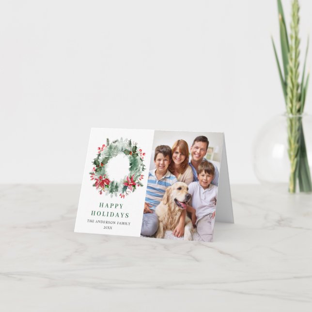 Cartão De Festividades 2 FOTO Holly Berry Wreath Natal Saudação (Frente)