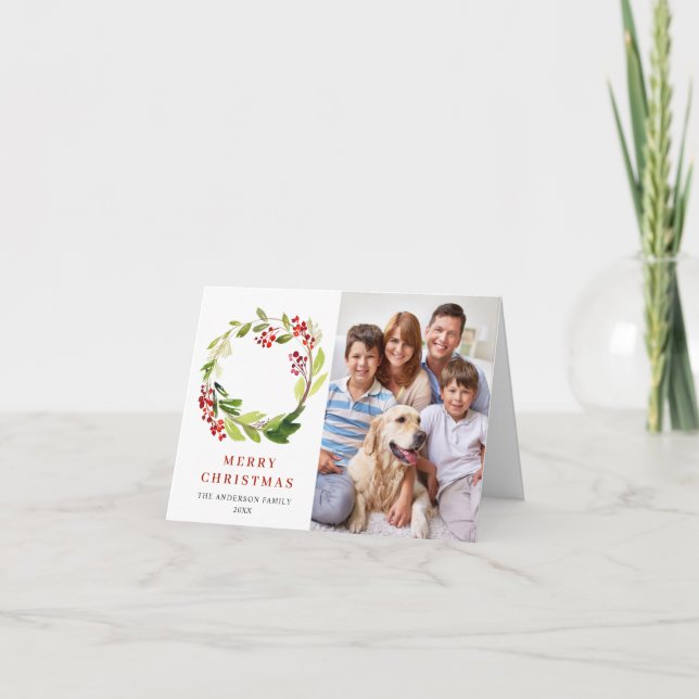 Cartão De Festividades 2 FOTO Holly Berry Wreath Natal Saudação (Frente)