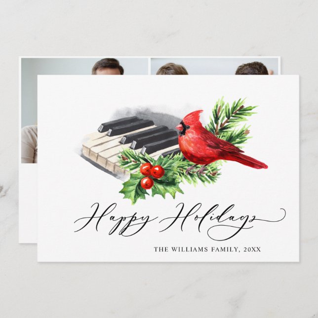 Cartão De Festividades 2 FOTO Red Cardeal Holly Berry Natal (Frente/Verso)