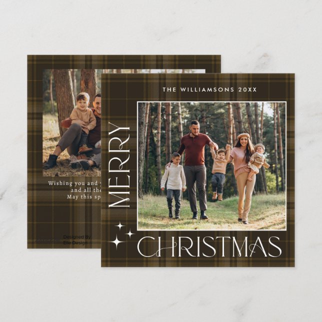 Cartão De Festividades 2 Foto Retro Xadrez de Natal Saudação (Frente/Verso)