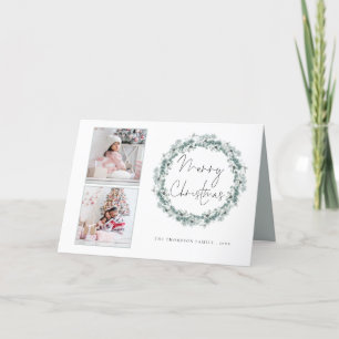 Cartão De Festividades 2 Fotografia Script Teal Foliage Wreath Feliz Nata