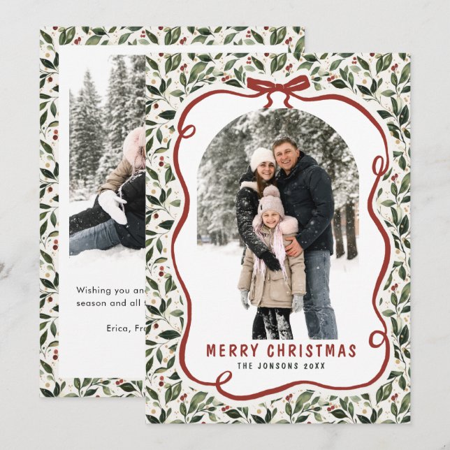 Cartão De Festividades 2 Photo Retro Christmas Hand Drawn Red Bow Ribbon (Frente/Verso)