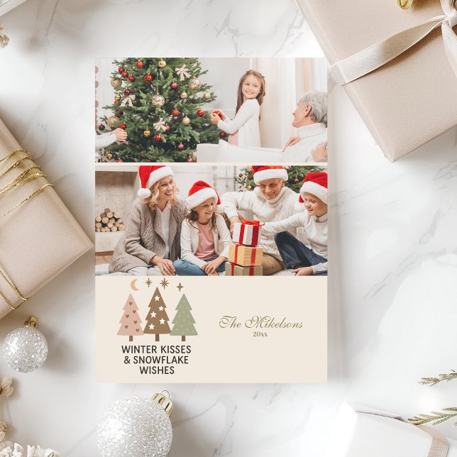 Cartão De Festividades 2 Photo Retro Winter Kisses & Snowflake Wishes (Criador carregado)