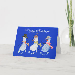 Cartão De Festividades 3 Baby Footprint Snowmen - Happy Holidays!