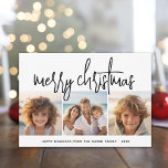 Cartão De Festividades 3 Foto Colagem Script preto branco Feliz Natal<br><div class="desc">Uma feliz e um cartões de natal brilhante com uma fonte rustica de caligrafia. Um sentimento moderno do século médio com um padrão geométrico nas costas. Este design não tradicional é uma nova abordagem que fará com que suas fotos da família se destaque.</div>