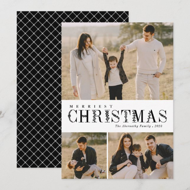 Cartão De Festividades 3 Foto Colagem Verde Letras de Natal Preto (Frente/Verso)