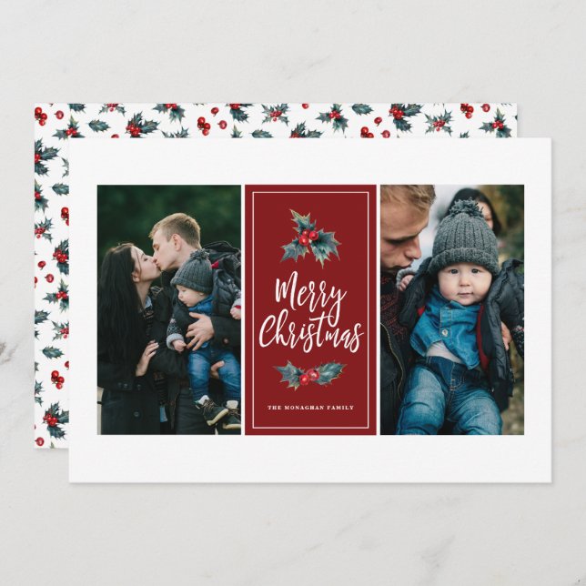 Cartão De Festividades 3 Foto Elegante Pintada Holly | Vermelho Natal (Frente/Verso)