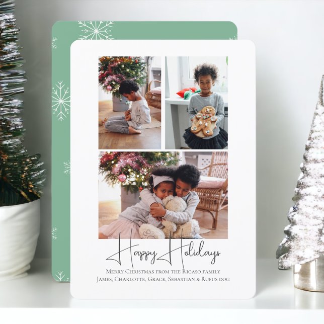 Cartão De Festividades 3 Foto Feliz Natal (3 Photo Happy Holidays Christmas Holiday Cards from Ricaso. Snowflake green and white pattern )