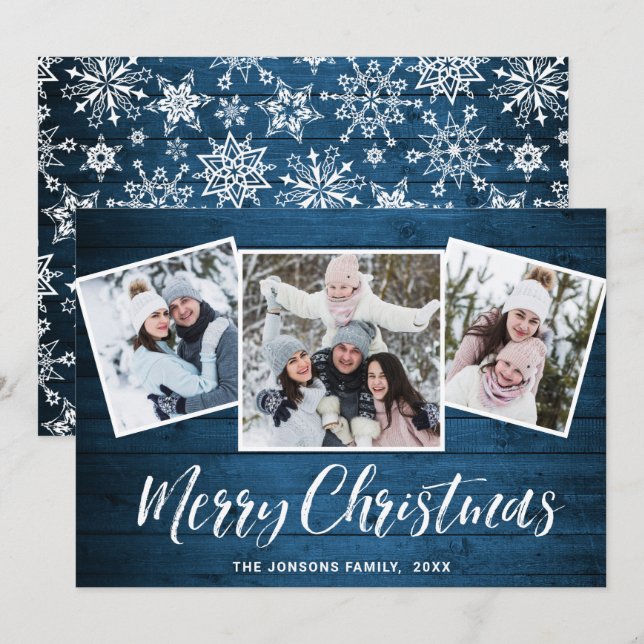 Cartão De Festividades 3 FOTO Natal Russo Blue Wood Saudação (Frente/Verso)