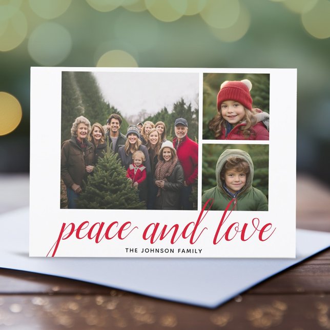 Cartão De Festividades 3 Foto Natal Script Red Damask Peace Love (3 Photo Online Christmas Card - Modern, Simple Design)