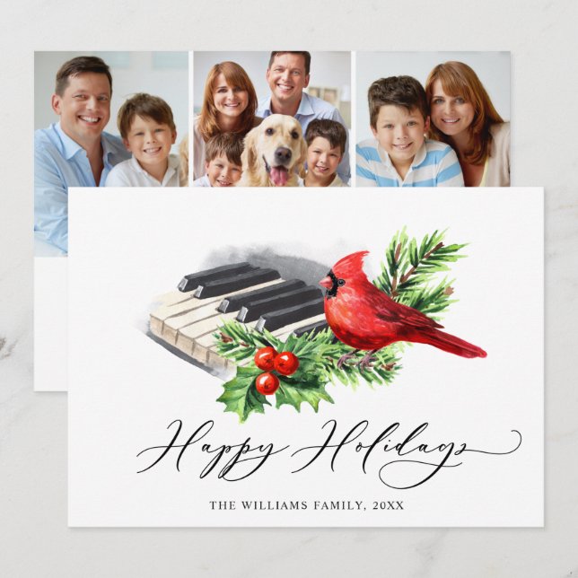 Cartão De Festividades 3 FOTO Red Cardeal Holly Berry Natal (Frente/Verso)