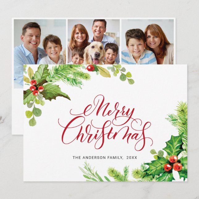 Cartão De Festividades 3 FOTO Saudação de Natal Festiva com Folhas de Aze (Frente/Verso)