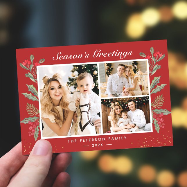 Cartão De Festividades 3 Foto: Saudações Holly Berries Natal (Criador carregado)