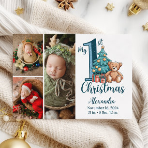 Cartão De Festividades 3 Foto Teddy Azul Bebê 1º Natal