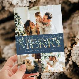 Cartão De Festividades 3 Foto Verde Folhagem Dourado Azul Feliz Natal