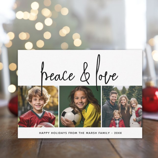 Cartão De Festividades 3 Fotografia Collage Mod Script Black White Peace  (3 Photo modern, minimal Christmas photo card)